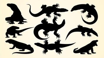 Silhouettes of Komodo dragon lizards in dynamic poses, highlighting their agility, unique shapes, and reptilian traits. vector