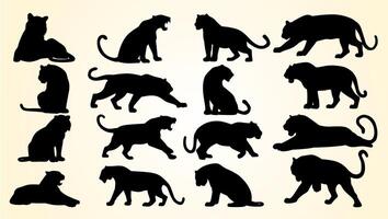 Silhouettes of big cats in various poses, including walking, running, and sitting. vector