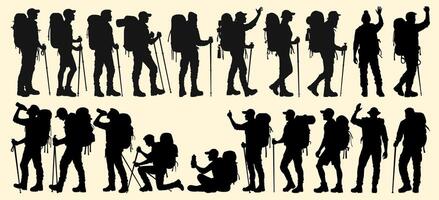 Silhouettes of hikers with backpacks and trekking poles, exploring and engaging in outdoor adventures. vector