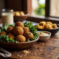 Crispy Falafel Balls with Tahini on Rustic Table photo