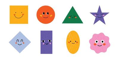 Happy geometric shapes with cute smiling faces. Colorful set of square, circle, triangle, star, diamond, rectangle, oval, and scalloped shape. Fun doodle design for kids. Simple illustration. vector