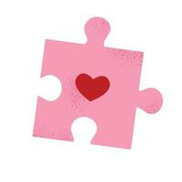 Pink puzzle piece with a red heart in the center. Symbol of love and connection, perfect for Valentine's Day cards, stickers, and festive designs. Flat illustration isolated on white background. vector