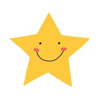Adorable yellow star with a big smile and round cheeks. Simple and cheerful cartoon design perfect for kids' products, illustrations, or festive projects. Flat isolated on a white background. vector