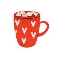Red mug with heart pattern, hot chocolate, and marshmallows. Cute Valentine's Day element, perfect for stickers, greeting cards, and gift tags. Flat illustration isolated on white background. vector