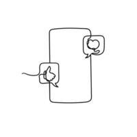 continuous line drawing mobile phone with like and love sign illustration vector