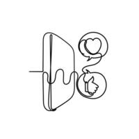 continuous line drawing mobile phone with like and love in bubble speech vector