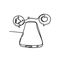 continuous line drawing mobile phone with like and love doodle vector