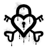 Heart shaped padlock with crossed keys drawn with black spray paint graffiti vector