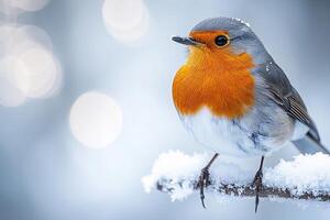 A bird sitting on a branch covered in snow photo
