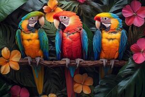 Three colorful parrots perched on a branch surrounded by flowers photo