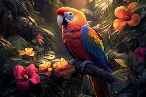 A colorful parrot sits on a branch in the jungle photo