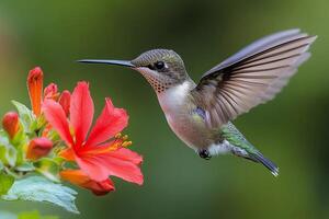 A hummingbird is hovering near a flower photo