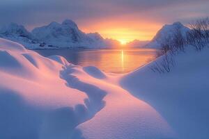 A beautiful sunset over the water and mountains photo
