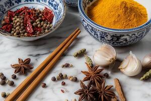 Chinese spices and herbs in bowls photo