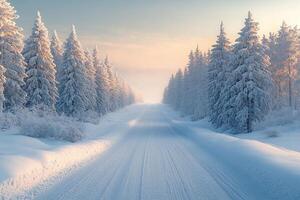 A snowy road is shown in the middle of a forest photo