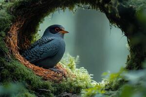 A bird sits in a nest in the woods photo