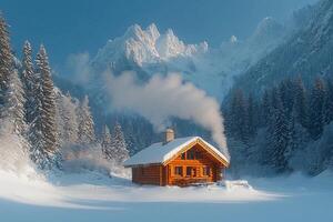 A small cabin in the snow with trees and mountains photo