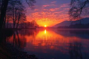 A beautiful sunset over a lake with trees photo