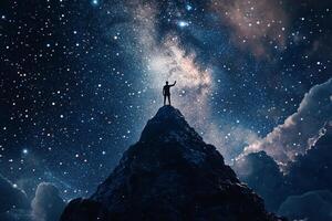 Man standing on top of mountain with stars in the sky photo