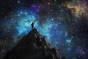 A man standing on top of a mountain with his arms raised in the air photo