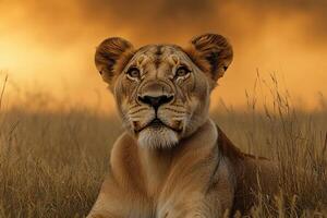A lion is sitting in the grass photo