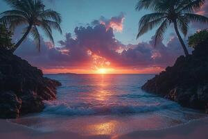 A sunset over the ocean with palm trees photo
