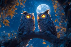 Two owls sitting on a branch with the moon in the background photo