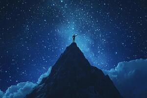 A man standing on top of a mountain with his arms raised in the air photo