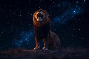 The lion is roaring at the night sky photo