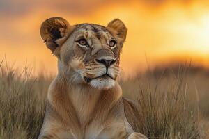 A lion is sitting in the grass at sunset photo