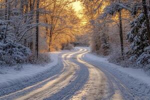 A snowy road is shown in the sunset photo