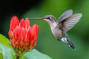 A hummingbird is hovering near a red flower photo