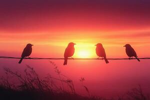 Four birds sitting on a wire at sunset photo