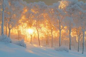The sun shines through the trees in a snowy forest photo