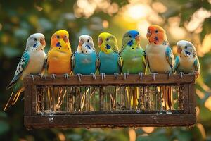 A group of colorful parrots sitting on a wooden perch photo