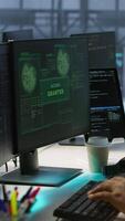 Vertical Data scientists receive access granted notification while reconfiguring server hub, optimizing it. Team of IT experts ensures data center operates efficiently, successfully eliminating all errors video