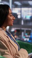 Vertical Female CEO determined to achieve success presents a growth idea to a partner, planning growth and strategic development. Ambitious general manager leading with authority and determination. Camera A. video