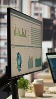 Vertical Empty high end office workspace with advanced technology to enhance efficiency, helping business professionals focus on financial strategies. Global enterprise success objectives. video