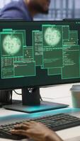 Vertical Woman requesting help from cybersecurity team after seeing security incidents affecting data center network system, protecting infrastructure from hacker attacks, camera A video