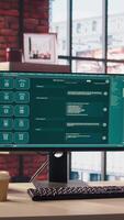 AI LLM chatbot answering user prompts using predictive technology in home office. Computer setup in apartment workspace using large language model program with artificial intelligence video
