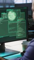 Vertical Satisfied server hub programmer pleased after installing cybersecurity framework, seeing access granted notification after reducing security incidents and enhancing data protection protocols, camera A video