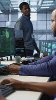 Vertical Satisfied server hub programmer pleased after installing cybersecurity framework, seeing access granted notification after reducing security incidents and enhancing data protection protocols, camera A video