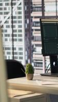 Vertical Empty high end workspace with advanced tech tools enhancing productivity, helping business professionals focus on financial strategies. Global enterprise ensuring firm objectives. video