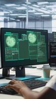 Vertical Admin in server hub trying to protect gear from hacker attack stealing sensitive information. Data center employee struggling to erase virus after seeing security breach alert on monitor, camera A video