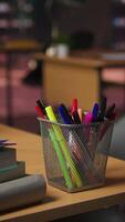 Vertical Empty academic setting combines historical charm with elegant study desks, serene lighting and a formal workspace. Vintage space offering a peaceful and inspiring atmosphere for research. video