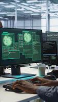 Vertical Software developers in server hub trying to protect gear from hacker stealing data. Data center colleagues struggling to erase virus after seeing system hacked notification, camera A video