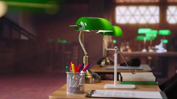 Vintage library with wooden shelves and classic green lamps, a calm workspace for booklovers. Empty study area perfect for learning, reading or enjoying the charm of a scholarly setting. video