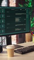 Computer setup in bright apartment showing large language model program. PC monitor in cozy home office with AI LLM chatbot answering user prompts using neural network tech video