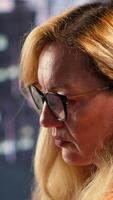 Vertical Distraught detached businesswoman suffers from depersonalization and derealization because of the workload and responsibilities. Entrepreneur emotionally disconnected from reality. Camera A. video