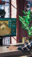 Freelancer working from home moving assets in 3D modeling program, doing interior design project. Teleworking interior designer using CAD software on PC, making home floor plans, camera A video